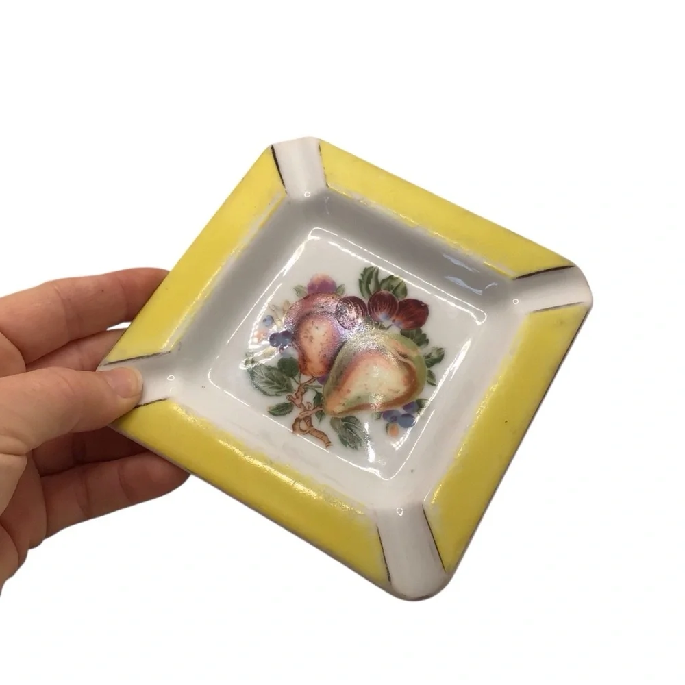 Vintage Japan Cherry China Porcelain Ashtray Fruit Pear Yellow Trim 5” Retro MCM